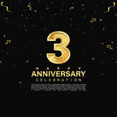 3rd anniversary celebration emblem. Gold anniversary logo isolated on dark black gradient background. Anniversary banner template design for web, poster, flyers, greeting card and invitation card