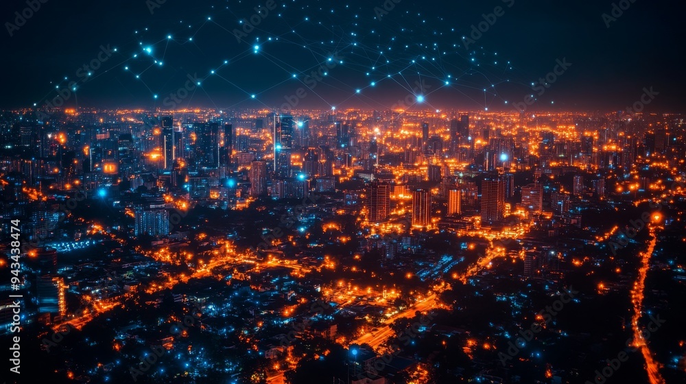 Poster a smart grid system integrates with city infrastructure, illuminating the skyline with bright lights