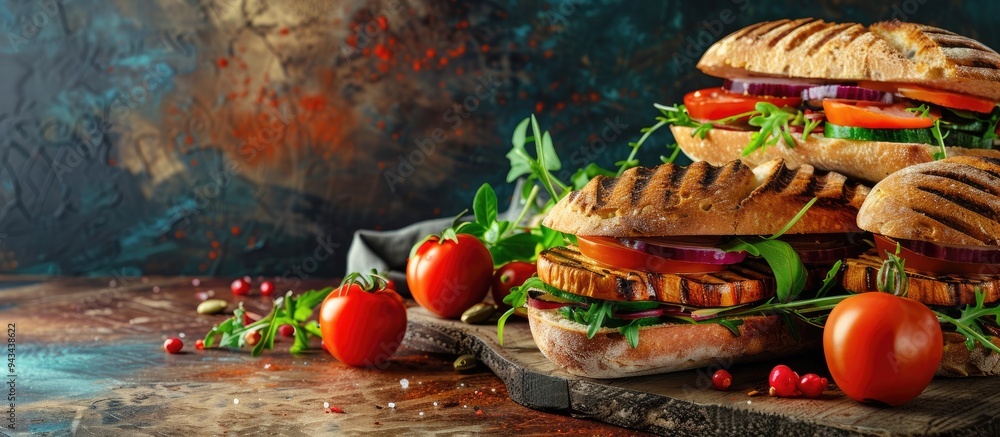 Poster grilled vegetable sandwiches displayed on a wooden board against a bright backdrop with copy space i