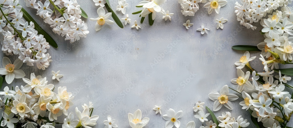 Leinwandbilder A floral frame with white lilac and daffodils arranged on a gray surface featuring an empty area in the center for text perfect for a flat lay image with space for copy