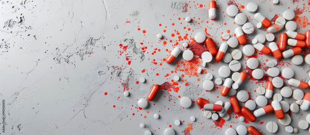 Aufkleber Top view of numerous antibiotic pills on a gray background with space for text ideal for a copy space image of medicinal treatment