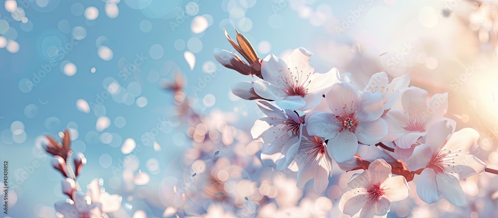 Aufkleber a beautiful apricot tree in bloom with delicate pink white flowers against a clear blue sky backgrou