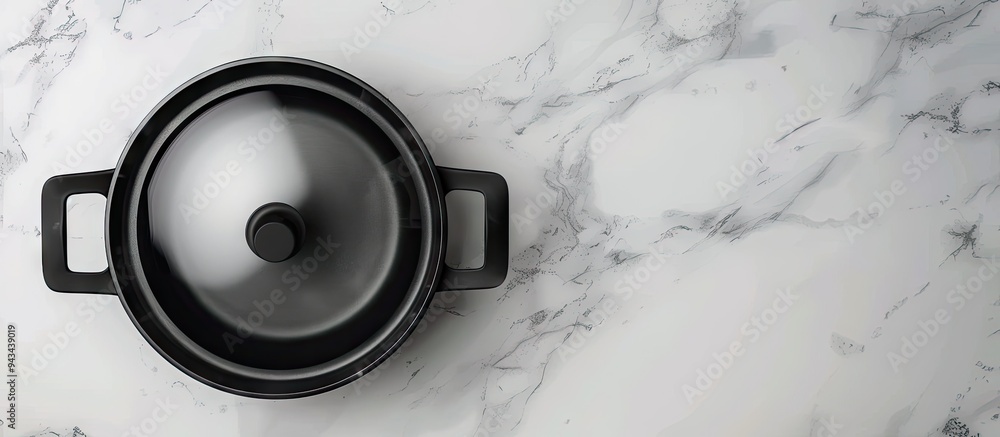 Poster Top view of a black cooking pot with a transparent lid placed on a white marble surface offering a clear area for including text within the image. Creative banner. Copyspace image