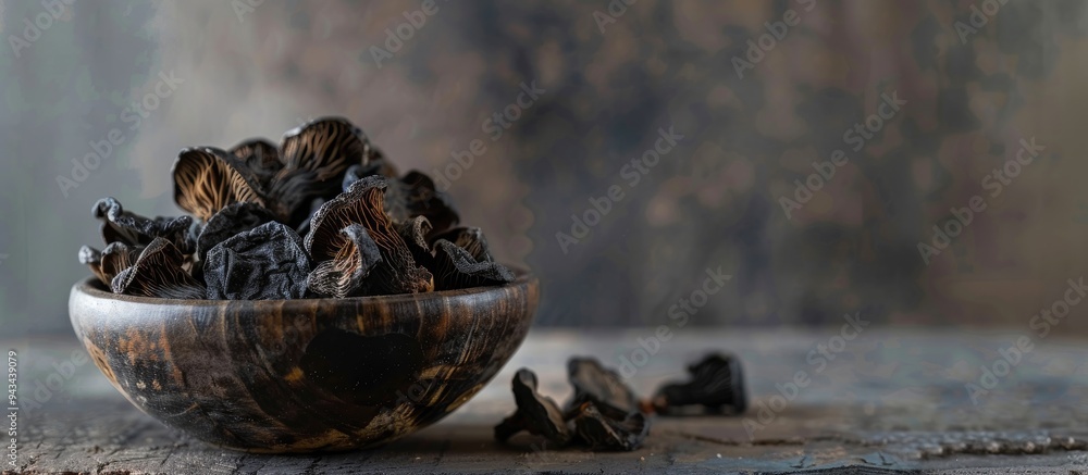 Poster dried black fungus mushrooms are a delicious snack placed on a table with a food background perfect 