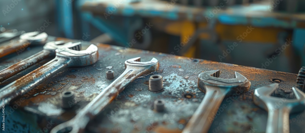 Poster An assortment of grungy rusted wrenches dirty screwdrivers and heavy screws part of an industrial hardware set with a blurred background of a mechanic s repair shop featuring a copy space image