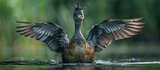 A juvenile grebe in the lake spreading its wings with an empty background for additional elements in an image