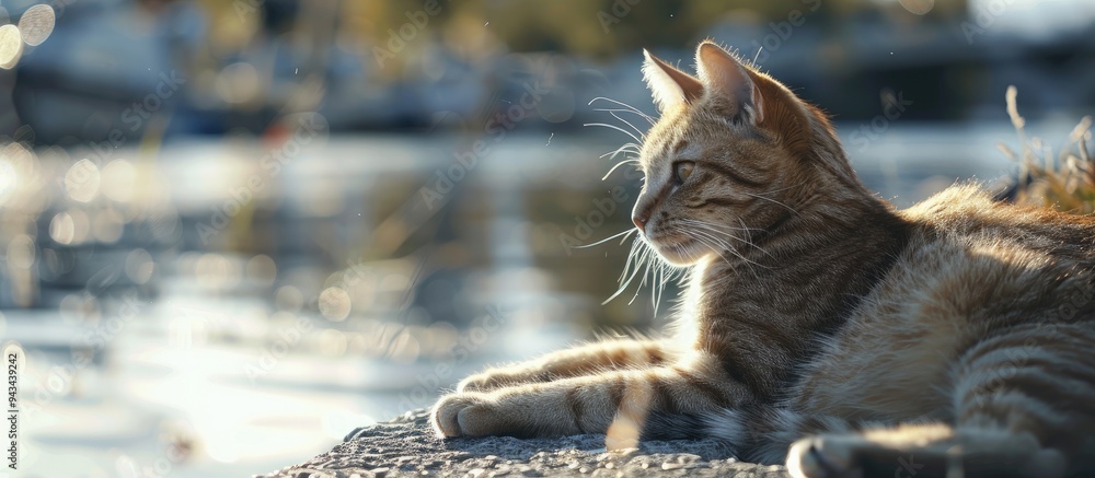 Poster an adorable feline rests gracefully by the waterfront with ample copy space image
