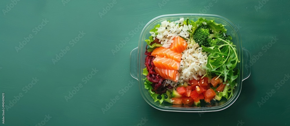Aufkleber Glass container with a fresh salad salmon and rice on a green surface viewed from above with space for text in a charming copy space image