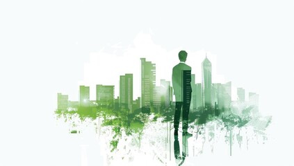 Obraz premium A person in business attire standing at the edge of an urban skyline, looking out over green sustainable buildings and technology elements floating above them.