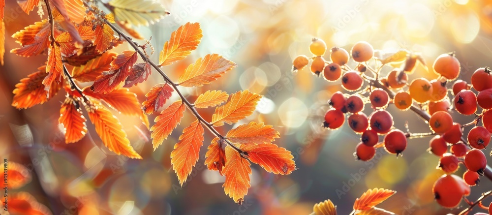 Aufkleber A picturesque fall scene displaying rowan leaves on a tree branch with sunlight shining through highlighting the autumnal beauty Selective focus accentuates the tranquil copy space image