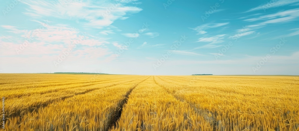 Poster Aerial view photo showing a vast rural wheat field in spring or summer with blue sky and no clouds perfect for copy space image