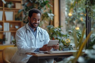 Advancements in Medical Technology: Doctor Using Mobile, Stethoscope, and Tablet in Modern Clinic
