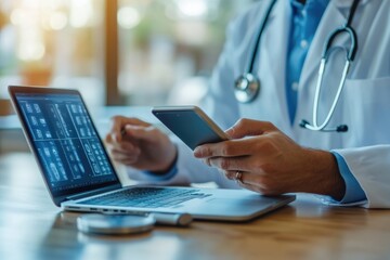 Advancements in Medical Technology: Doctor Using Mobile, Stethoscope, and Tablet in Modern Clinic