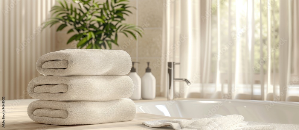 Poster Neutral beige themed bathroom setting with a stack of neatly folded towels ideal for promoting spa or resort concepts Includes copy space image