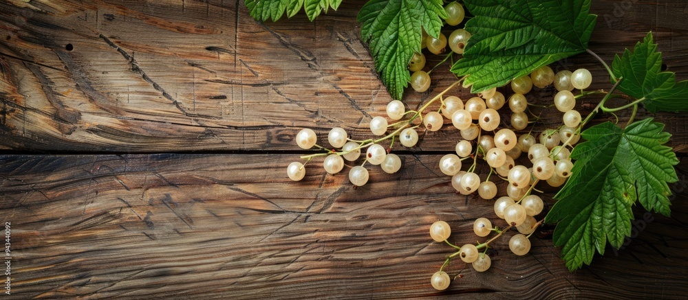 Poster Top view of white currant berries and green leaf arranged on a wooden table with a designated area for text in the image. Creative banner. Copyspace image