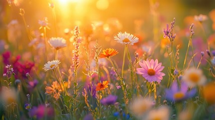 Wildflower meadow at sunset, with a golden glow illuminating the flowers