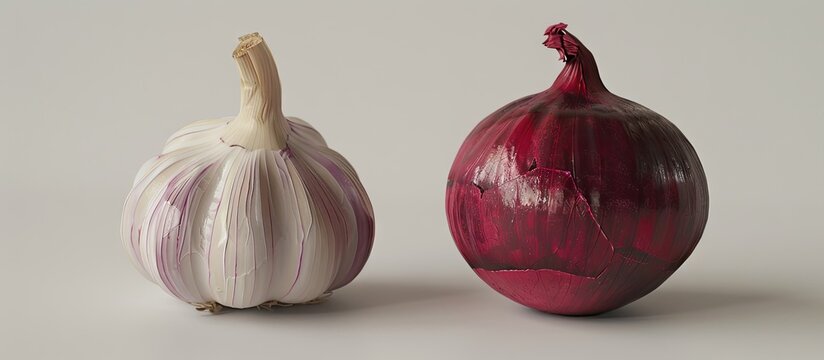 Isolated on a white backdrop garlic Allium Sativum and red onion Allium cepa L are present in the image with copy space