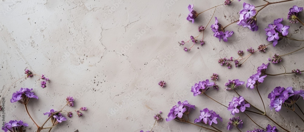 Leinwandbilder Top down perspective of purple blooms against a neutral backdrop Picture includes room for adding text or elements. Creative banner. Copyspace image