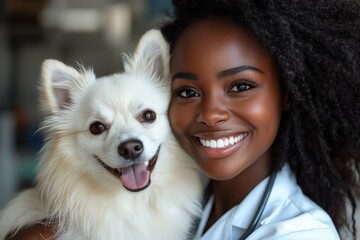 Smiling Black Female Vet with Happy White Pomeranian After Vaccination in Vet Clinic - Portrait