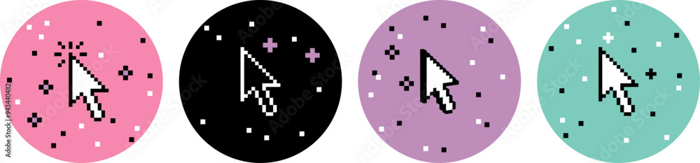 Poster arrow pointer cursor icon set in pixel art. y2k trendy stickers. click icon. pixel elements. mood of
