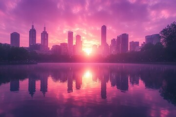 Melbourne Skyline Reflected in Albert Park Lake During a Stunning Purple Sunrise