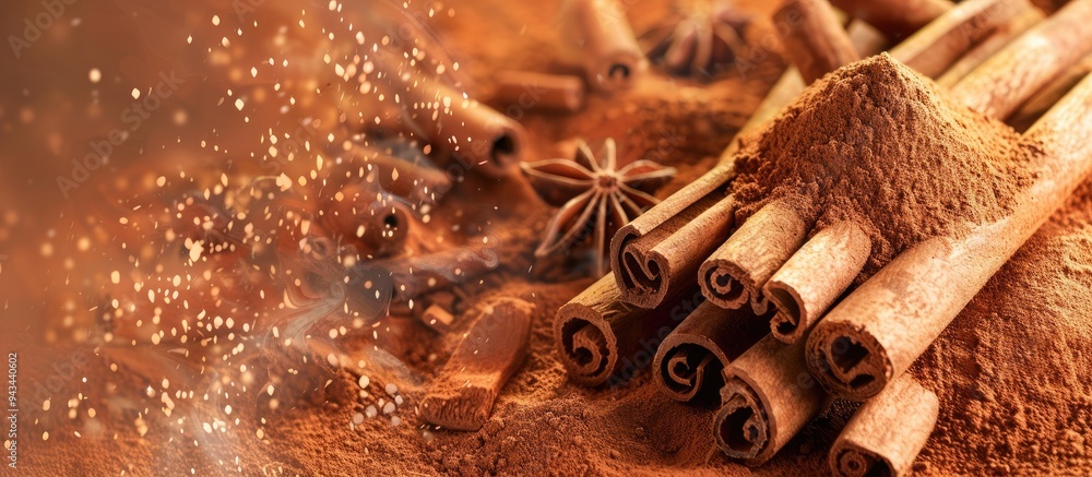Poster cinnamon sticks alongside cinnamon powder create a visually appealing copy space image