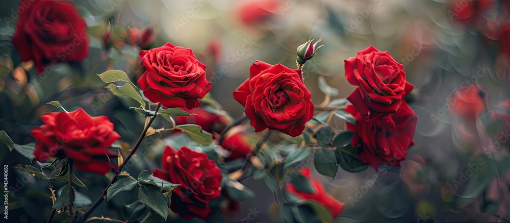 Poster close up of red roses on a bush in the garden creating a stunning copy space image representing natu