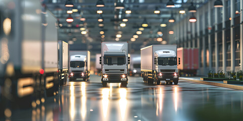 Fleet of trucks lined up in a modern warehouse logistics center illuminated by industrial lights.