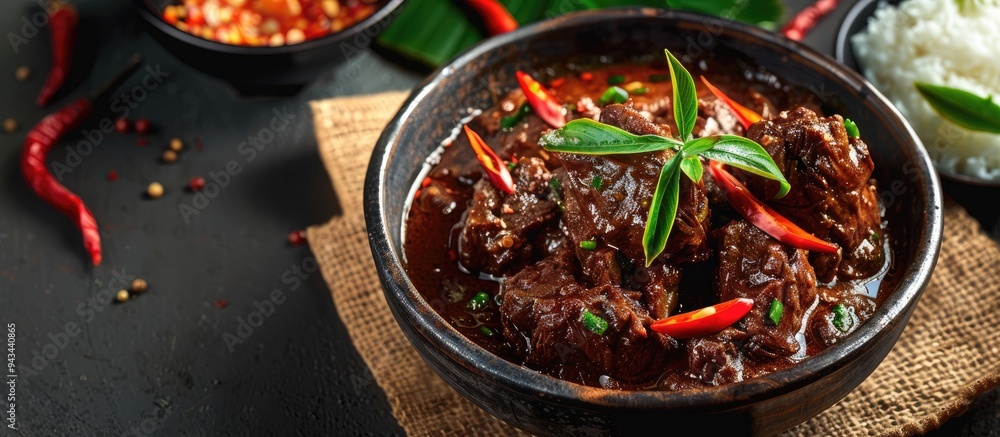Poster delicious indonesian beef rendang with a copy space image