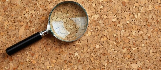 A magnifying glass on a cork board background suitable for detective work clues or adding text to complete the copy space image