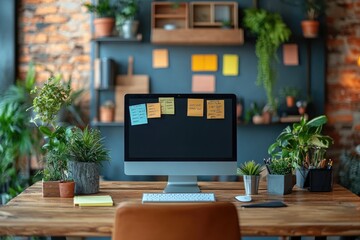 Cluttered Desk with Computer Monitor and Sticky Notes in a Light-Filled, Messy Office Space