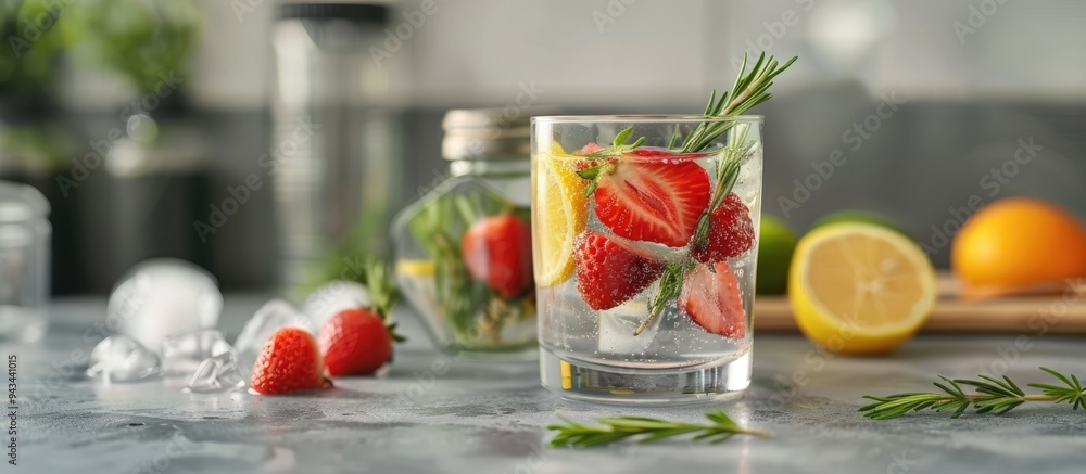 Poster glass of fresh fruit infused water with strawberries rosemary and citrus fruits on a gray table with