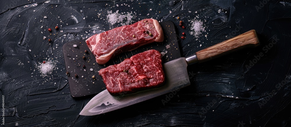 Poster top view of a raw skirt beef steak on a meat cleaver with a black background providing ample copy sp
