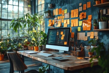 Cluttered Desk with Computer Monitor and Sticky Notes in a Light-Filled, Messy Office Space