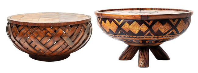 Two bohemian style round wooden coffee tables, on transparent background. Cut out living room furniture set. Front view. Boho interior design. Retro, vintage.