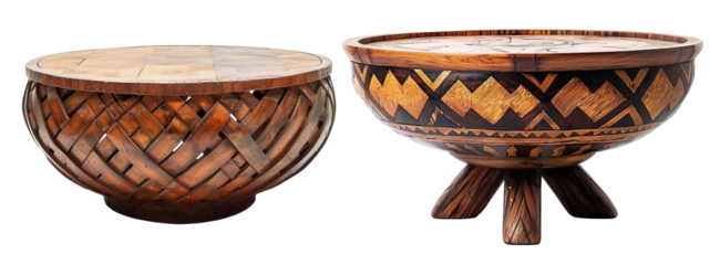 Two bohemian style round wooden coffee tables, on transparent background. Cut out living room furniture set. Front view. Boho interior design. Retro, vintage.