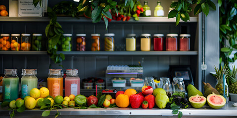 Vibrant assortment of fresh fruits and colorful juice bottles displayed on a market shelf with green plants in the background