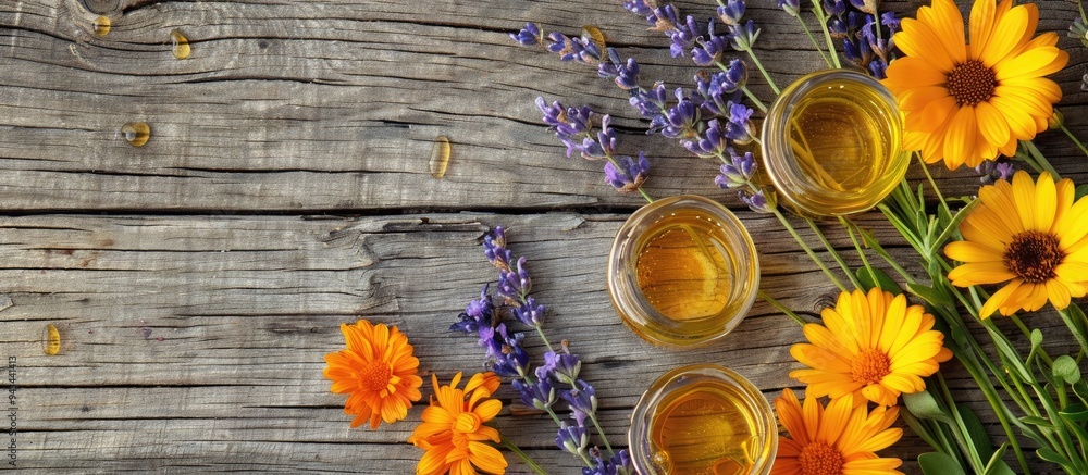 Poster calendula and lavender flowers with honey arranged on a wooden backdrop creating a serene copy space