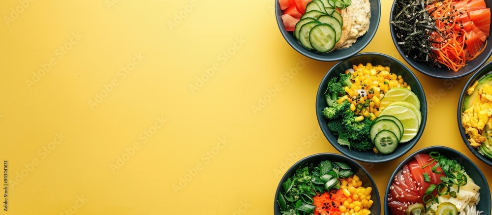Aufkleber A bird s eye view of colorful poke bowls arranged on a yellow background with empty space for text or graphics ideal for showcasing a copy space image