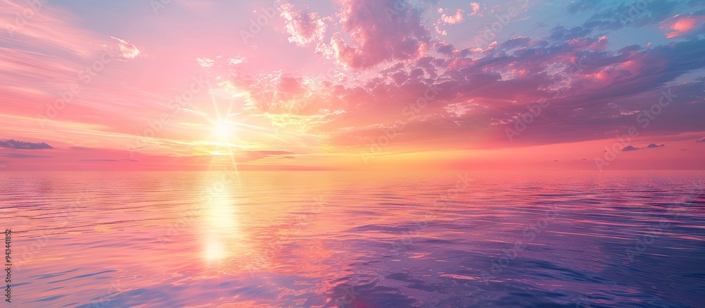Aufkleber tranquil sunset scene with sunbeam on a colorful romantic dusk sky creating a beautiful idyllic natu