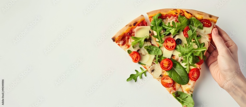 Poster Someone is seen holding a slice of pizza topped with salad in a copy space image