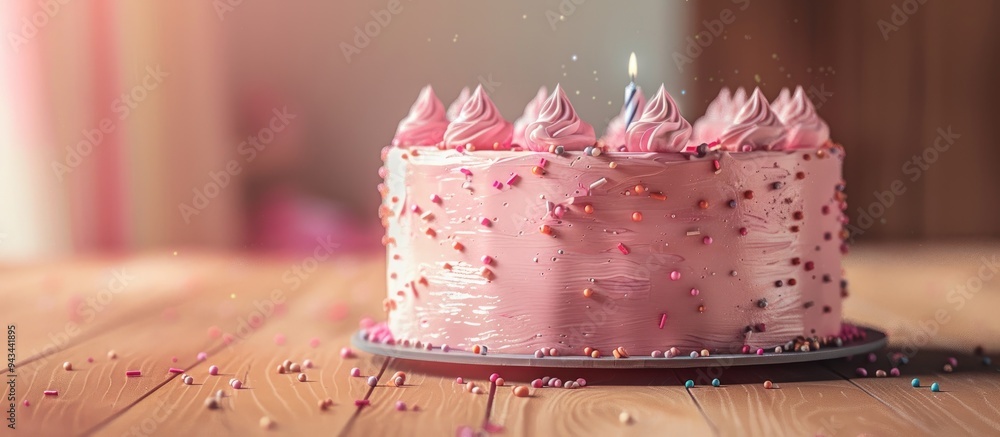 Poster a pink birthday cake is displayed on the table with copy space image