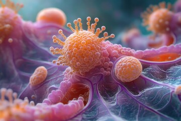 Naklejka premium Detailed Microscopic View of Spreading Cancer Cells: Vibrant Illustration of Cellular Behavior and