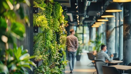 A green living wall in an office space, with people walking past it and creating natural light for energy efficiency and sustainability, modern office interior with people working.