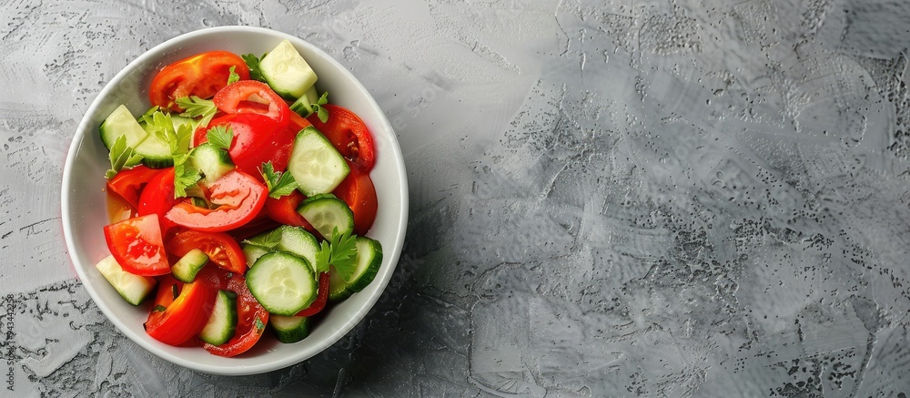 Aufkleber Fresh vegetable salad in a bowl with tomato and cucumber on a grey background ideal for copy space image