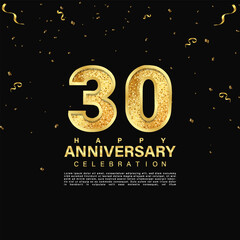 30th anniversary celebration emblem. Gold anniversary logo isolated on dark black gradient background. Anniversary banner template design for web, poster, flyers, greeting card and invitation card