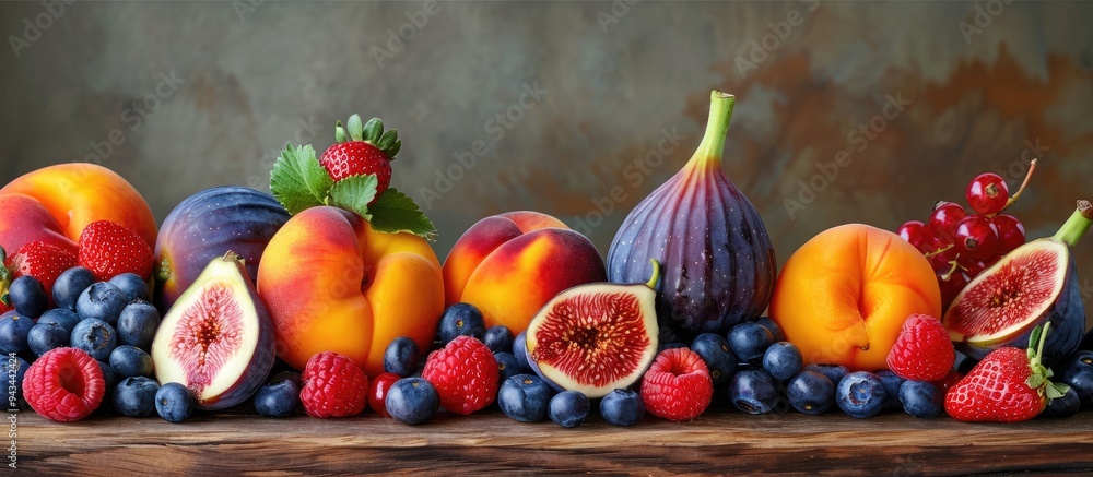 Poster close up view of fresh fruits like figs peaches apricots blueberries and strawberries arranged on a 