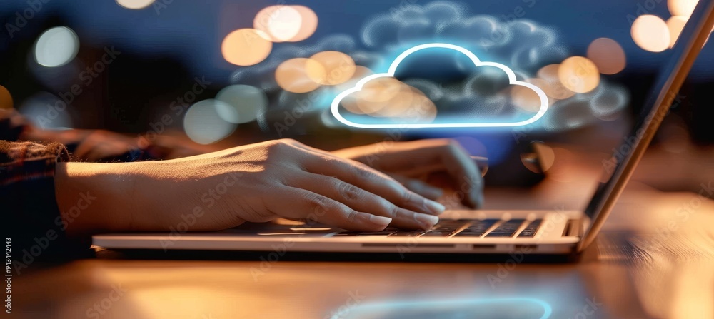 Poster hands typing on laptop, illuminated cloud icon representing modern cloud computing technology