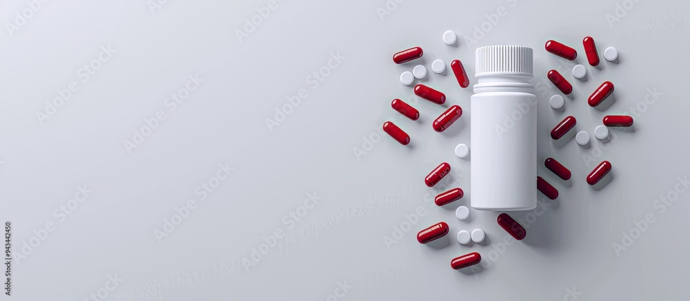 Poster White background featuring antibiotic pills and bottle from top view Includes copy space image