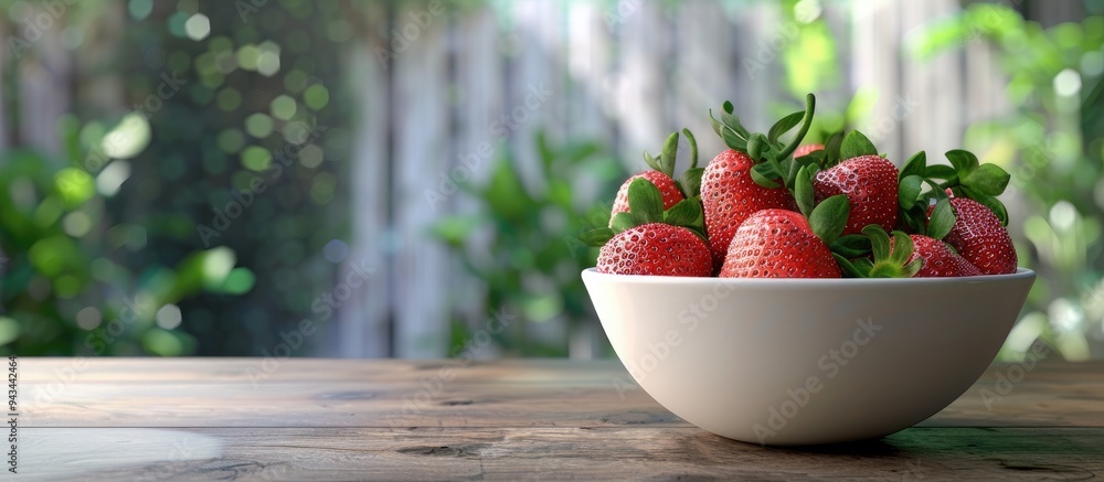 Aufkleber ripe strawberries in a white bowl on a natural background with copy space image